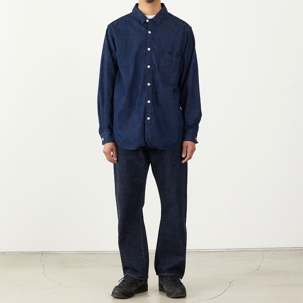 REMIRELIEF・レミレリーフ・8.5oz DENIM WESTERNSHIRT(チンストラップ) ONEWASH・着用画像正面